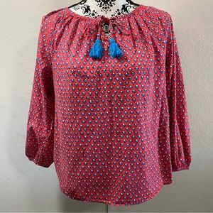 J Crew Blouse Top Size XS Puff Sleeve Tassel Red Blue Floral Cotton
